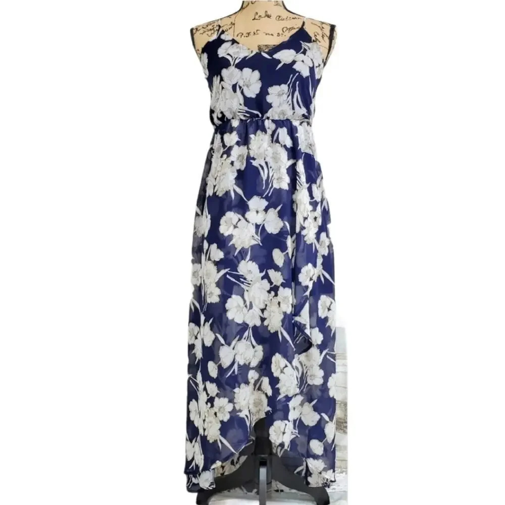 SIENNA SKY Women's High Low Floral Chiffon Faux Wrap Dress Blue Size XS